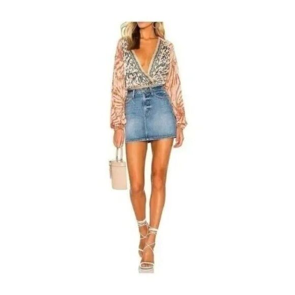 Free People Cruisin' Together Printed Boho V Neck Long Sleeve Cropped Top S - Picture 1 of 10